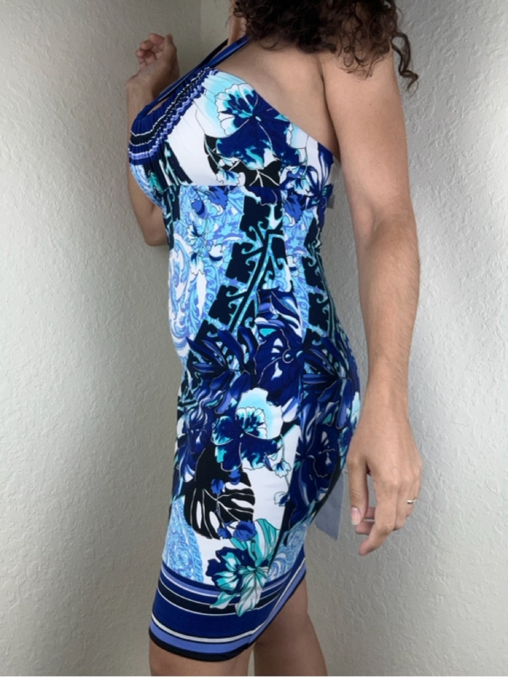 Cache Blue Paisley Halter Mini Dress Size 4 Bodycon Lined Built-In Bra NEW - Picture 6 of 10